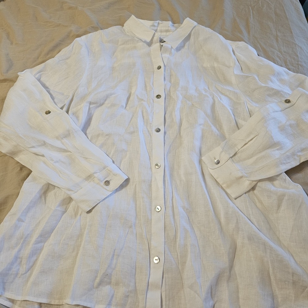 J. Jill Love Linen White 100% Linen Button-Front Collared Blouse Size Large